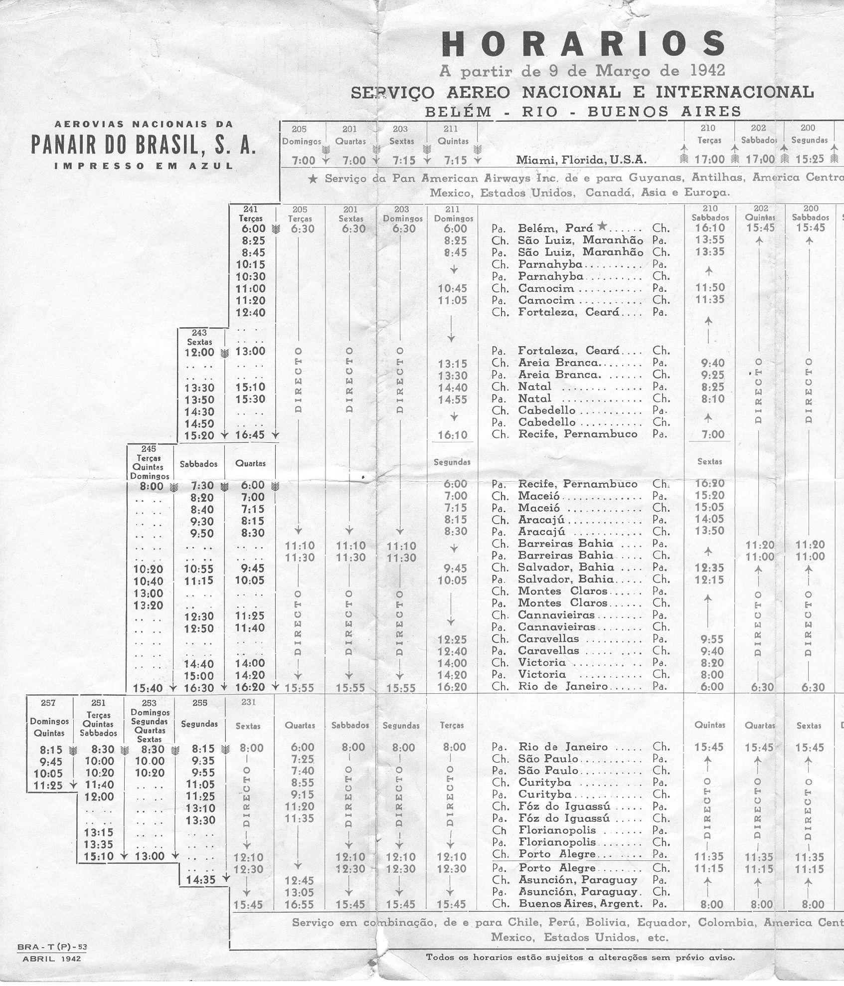 1942, March 9, Flight Schedule for Pan Am associated company Pan Air Do Brasil